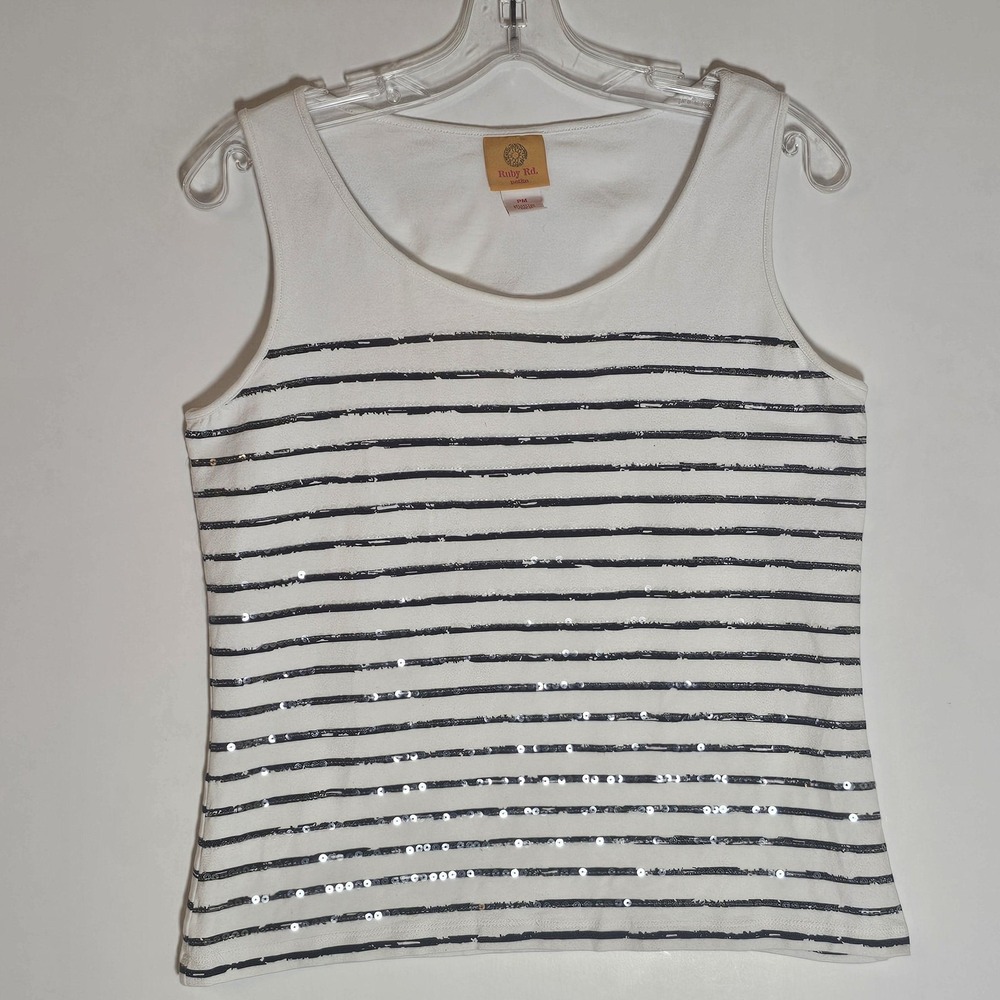 Ruby Rd Top Womens Petite Medium White Stripe Sequin Sleeveless Tank Bling Fun